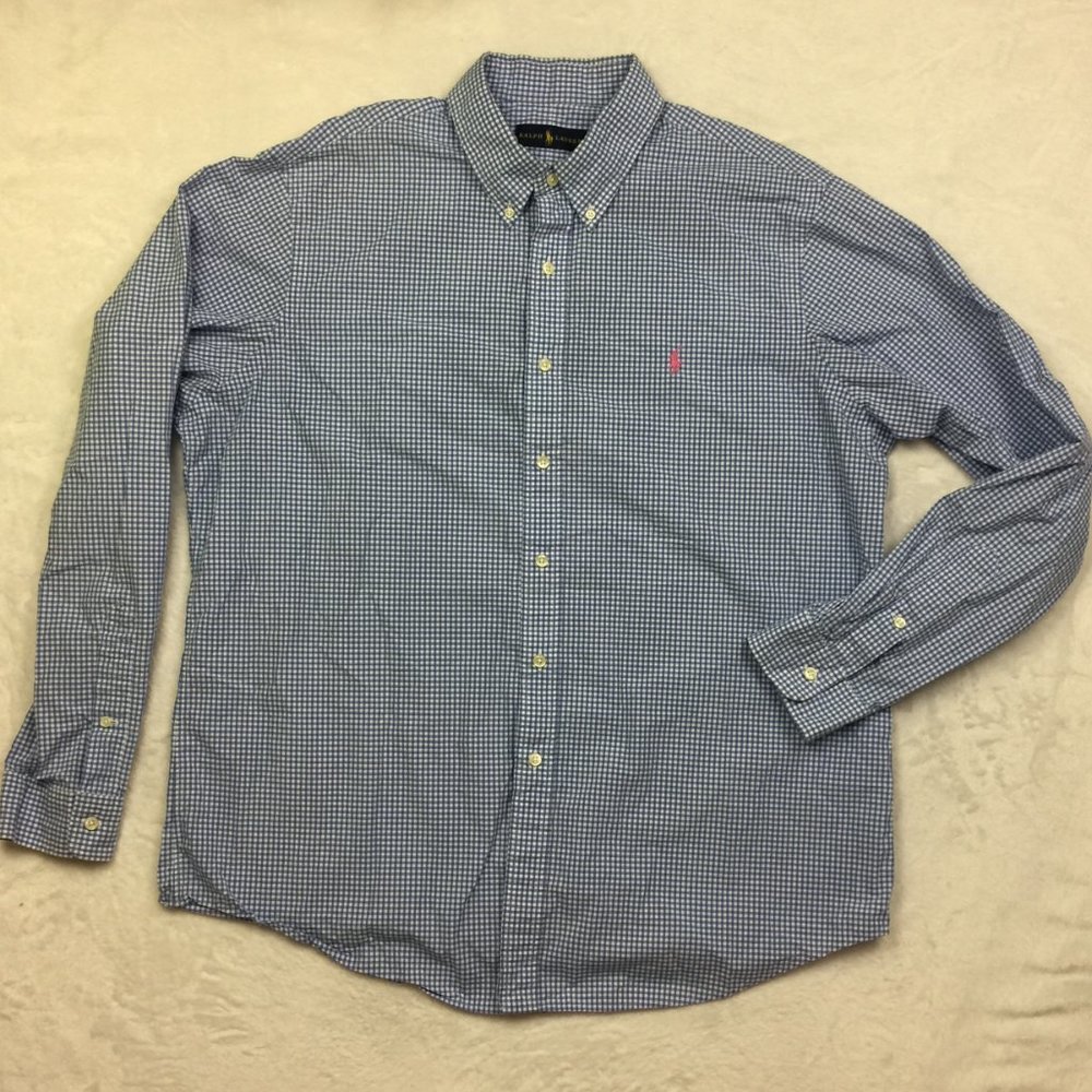 Ralph Lauren Button Down Shirt Mens XL Blue White Gingham Plaid 100% Cotton Pony